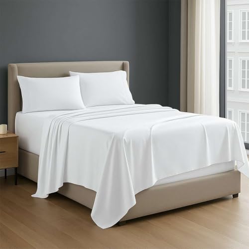Image of NON Sticky cotton Premium 4 Piece Egyptian Cotton Fitted Queen Sheet Set, Hotel Quality Soft Breathable Bedding Sheets, 18 inch Deep Pocket, 60 inch X 80 inch, White Solid