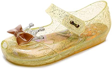 Dress Shoes for Girls, Toddler Girls Princess Jelly Sandals Yellow Jellies Flat Size 11 Clear Sparkle Mary Jane Dance Party Cosplay Glitter Shoes with Bow, 11 Little Kid