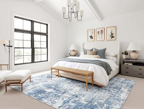 6x9 Area Rug Living Room Rugs - Washable Neutral Modern Abstract Soft Thin Rug Indoor Floor No Slip Rug Carpet for Bedroom Under Dining Table Home Office Decor - Blue White