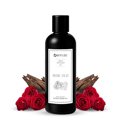 Image of DIFFUZE Rose Oud Essential Oil Reed Diffuser Refill with 10 Fibre Reed Sticks | Luxury Floral Woody Aroma Oil | Diffuser Oil for Home Fragrance