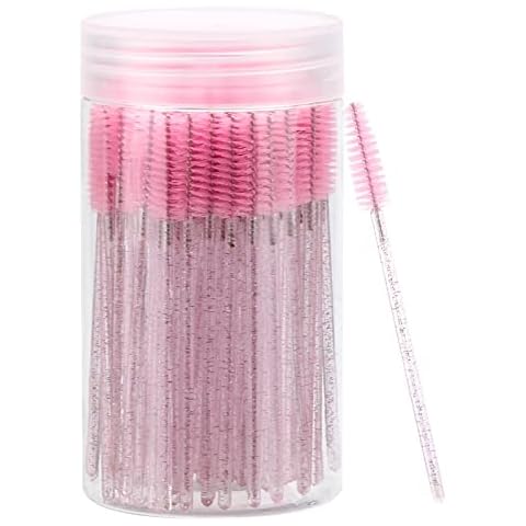 100 Pcs Disposable Mascara Wands, Crystal Eyebrow Spoolies Brush for Eyelash Extensions, Pink Lash Brushes with Container Cover
