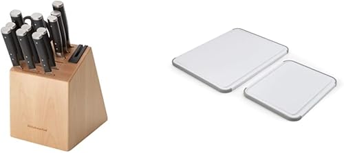 KitchenAid Gourmet - Juego de 2 bloques de triple remache forjado de 14 piezas con sacapuntas de cuchillos integrado tabla de cortar de plástico