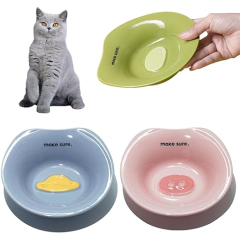 MS!MAKE SURE Cat Food Bowls, Whisker Friendly Ceramic Cute Cat Bowls, Pack of 3 Cat Food Dishes and Plates for Feeding Indoor Cats, Kittens Cover