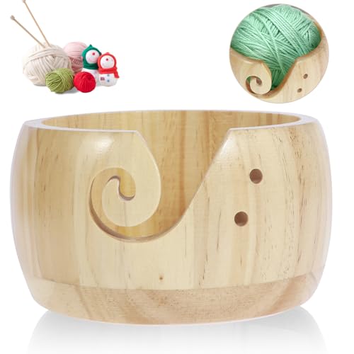 Image of Wooden Yarn Bowl with Lid, 6in Round Knitting Yarn Holder, Crochet Bowl, Pine Wood, Wood Color