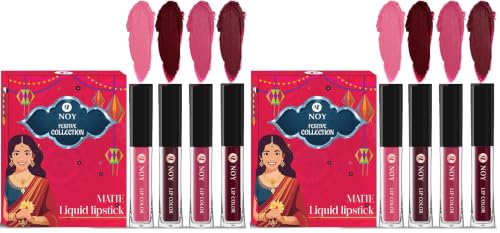 Image of Noy Liquid Matte Festival Lipstick Pack 4 Unique Colors Peach, Coffee Wine, Pruple, Maroon Shades (Pack of 2)