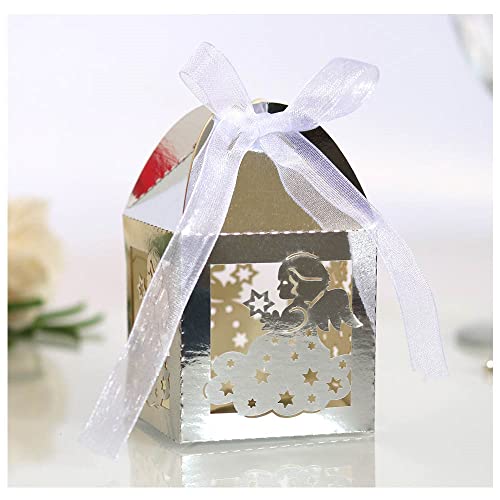 GIVBRO Lot de 50 boîtes à dragées en forme d'ange creux avec ruban pour décoration de fête Argenté