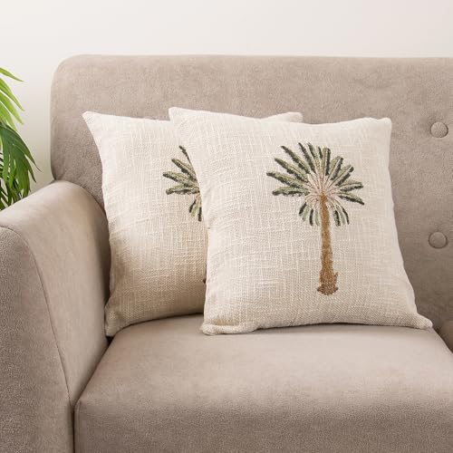 Image of 100% Cotton Jute Palm Tree Sofa Throw 127x178 cm with 2pcs Cushion Cover 40x40 cm - Beige (1 Sofa Throw with 2 Cushion Covers)