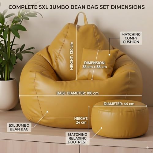 Image of KAM'S LIEU 5XL Bean Bag Combo with Footrest & Cushion | Filled with High Density EPS Beans | Comfortable Sofa for Living Room & Bedroom | 6 Months Warranty, Color- (Yellow, 5XL, Classic)