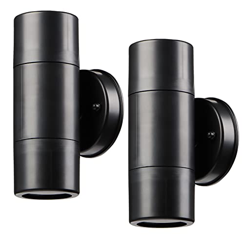 LASIDE Outdoor Wall Lights Pack of 2, Black Max 7W GU10 Up Down Outside Wall Lights Electric, IP44 Waterproof Plastic Garden Wall Light Mains Powered for Patio, Terrace, Garden, Balcony, Porch Garage