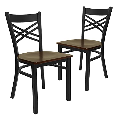 Image of Flash Furniture 2 Pack HERCULES Series Black ''X'' Back Metal Restaurant Chair - Mahogany Wood Seat
