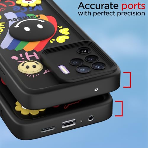 Image of Pikkme Back Cover for Oppo F19 Pro | Soft Silicone| Cute Rainbow Smile & 3D Cartoon Flower Design | Shockproof Raised Camera Protection Bumper Case (Black)