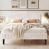 VECELO Queen Size Bed Frame Upholstered Platform Beds with Height-Adjustable Teddy Fabric Headboard, Strong Wood Slats 7.9'' Under Bed Storage Space Noise-Free No Box Spring Needed, Cream
