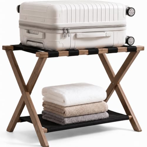 PLUVITA Luggage Rack, Heavy-Duty Bamboo Foldable Suitcase Stand with Storage Shelf, Fits Up to 28" Luggage, Space-Saving Organizer Holder for Guest Room, Bedroom, Hotel, Dorm and Entryway, Tea(1 Pack)