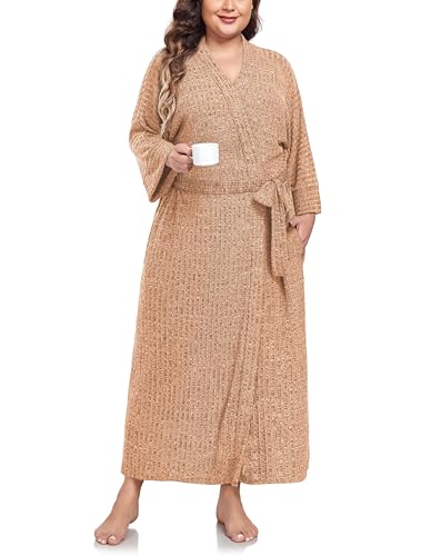 VOGMATE Bademantel Damen Große Größen XL Lang Knit Bathrobe Women Plus Size Kuscheliger Morgenmantel Hausmantel Gelb