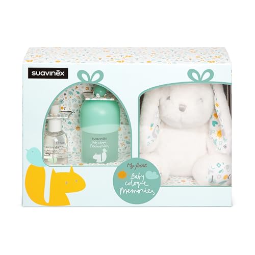 Suavinex, Cadeau Eau de Cologne. Contient Baby Cologne Memories 100 ml + 50 ml Format Voyage + Peluche. Lotion Parfumée pour Bébé et Enfant Faible en Alcool, ne Tache pas les Vêtements