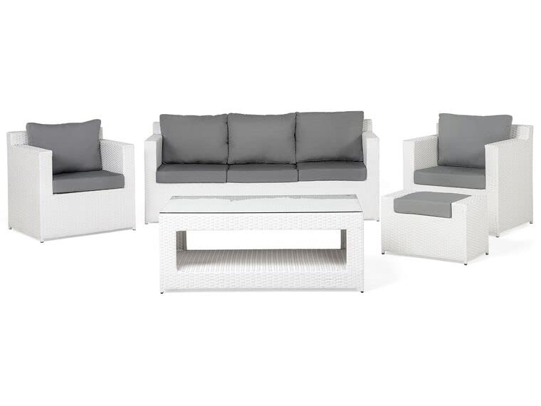 DEVOKO 5 Pieces Weather Resistant Patio Set with Washable, Waterproof Cushions Furniture for Garden, Poolside, Backyard (White Sofa & Grey Cushions)