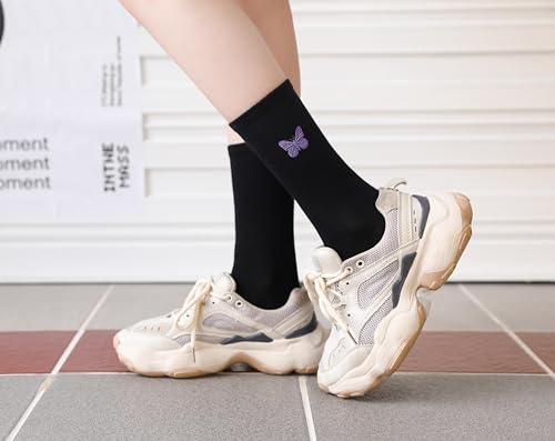 Image of Womens Calf Socks Embroidery Crew Socks Casual Dress Socks Cute Butterfly Socks For Girls 3 Pairs