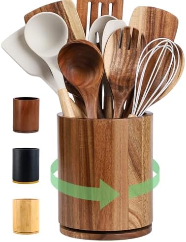 Wooden Utensil Holder, 360°Rotating 7.3'' Large Utensil Holder fo...
