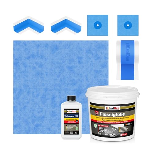 Isolbau Dicht-Set - Inkl. 1x Flüssigfolie (7 kg), 1x Tiefengrund PRO (1 L), 1x Dichtband (5 m), 1x Dichtbahn (1 m), 2x Innenecken & 2x Manschetten