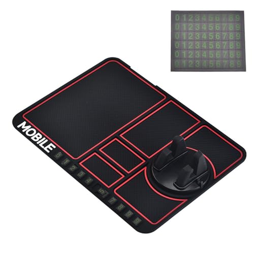 UOPR 車用ノンスリップマット 車の滑り止めパッド 多機能 すべり止めシート 一時的な駐車ナンバープレート 携帯電話ホルダー付き 車載スマホホルダー 車載アクセサリー 繰り返し使用可能 スマホ キー メガネ 財布 汎用 (赤)