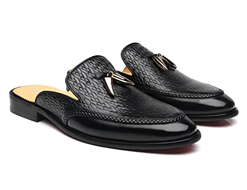 Image of Mens Black Backless Loafers Genuine Leather Mules Shoes