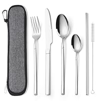 AARAINBOW Tragbar Besteck Set für 1 Person, Edelstahl Reisebesteck mit Etui Messer Gabel Löffel Set. 6 Teilig Cutlery Set for Camping Arbeit, Geschirrspüler Sicher, Silber