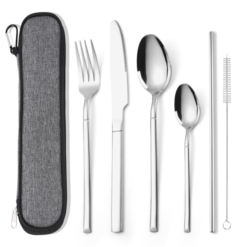 AARAINBOW Tragbar Besteck Set für 1 Person, Edelstahl Reisebesteck mit Etui Messer Gabel Löffel Set. 6 Teilig Cutlery Set for Camping Arbeit, Geschirrspüler Sicher, Silber