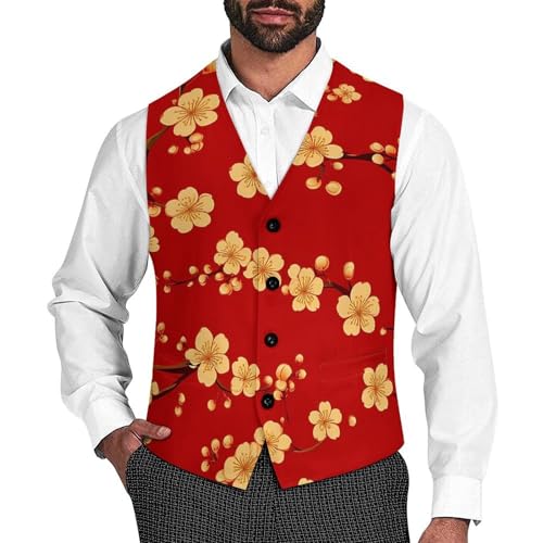 Chinese New Year Flower Suit Vest for Men Slim Fit Sleeveless Jacket V Neck Business Waistcoat Button Up Dressy Top