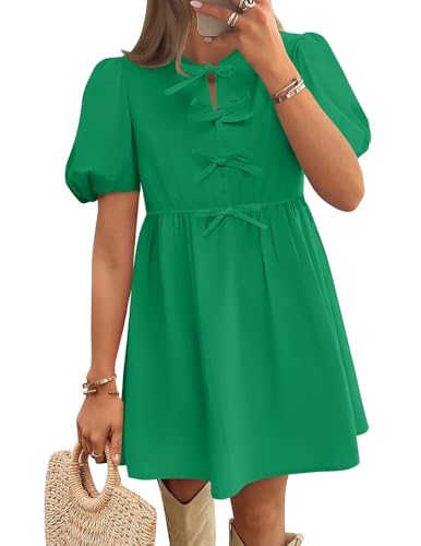 Image of ZESICA Women's Summer Short Sleeve Tie Front Mini Dress Babydoll Ruffle Pleated A Line Vacation Graduation Short Dresses