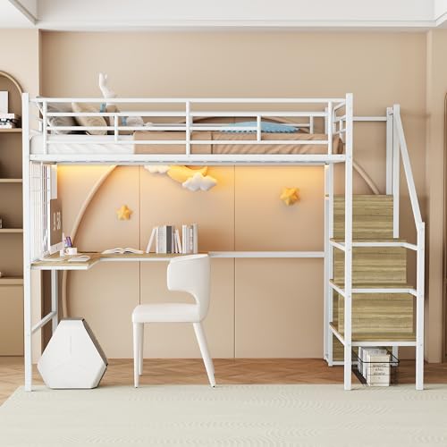 Image of Twin Size Metal Loft Bed with Reversible Stairs & L-Shaped Desk,White | Storage Stairs,Wardrobe,L-Shaped Desk,USB Charging Station,Space-Saving for boys & Girls, Noise-Free, No Box Spring Needed