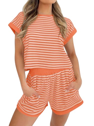 Image of Tankaneo Womens Summer 2 Piece Sets Striped Short Sleeve T Shirts and Shorts Loungewear Matching Set