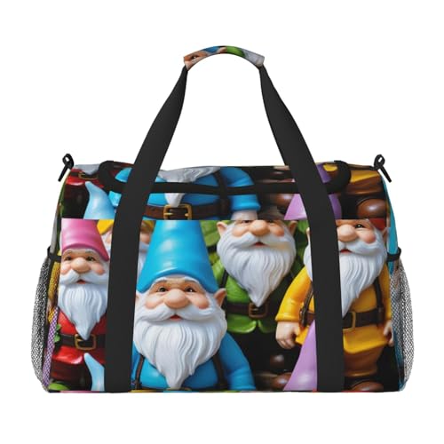 Colorful Gnomes Print Travel Duffle Bag - Foldable Personal Item Travel Bag for Women & Men,Carry-On Convertible Crossbody Tote Bags with Adjustable Shoulder Strap & Pockets 13x10.2x19.7 in