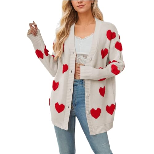 Image of Women Love Heart Graphic Oversized Sweaters Valentine Cute Cardigan Open Front Button Kawaii Preppy Aesthetic Clothes