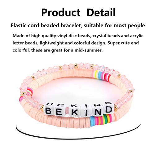 Erpels 2Pcs Heishi Bracelets Stackable Rainbow Vinyl Disc Bead Surfer Stretch Crystal Bracelets Elastic Rope Layering Friendship Bracelets Boho Summer Beach Bracelets For Women Girls - Be Kind #TOP3