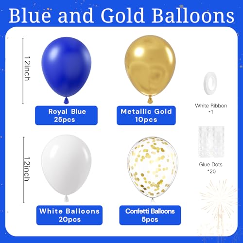 Image of BAUANOOY Royal Blue Gold White balloons, 60pcs 12 Inch Navy Blue Metallic Gold Confetti Balloon for Wedding Graduation Baby Shower Birthday Decorations