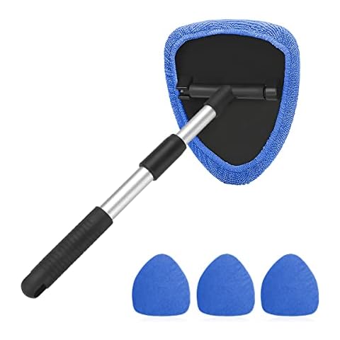Windshield Cleaning Tool, Car Window Cleaner with Extendable Long Handle and 4 Washable Reusable Microfiber Pads, Auto Interior Exterior Glass Wiper Cleaning Kit Universal for Office and Home (Blue) Cover