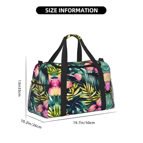Tropical Summer Hawaiian Flower Palm Leaves print Large Canvas Travel Duffel Bag Weekender Bags for Women Overnight Bag Carry On Tote Bag4