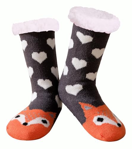 YEEKAORA Girls Slipper Socks Non Slip Grips Cute Animal Children Toddlers Boys Warm Thick Thermal Fluffy Plush Winter Christmas Stockings Kids Home Socks (Fox (9-12 Years))