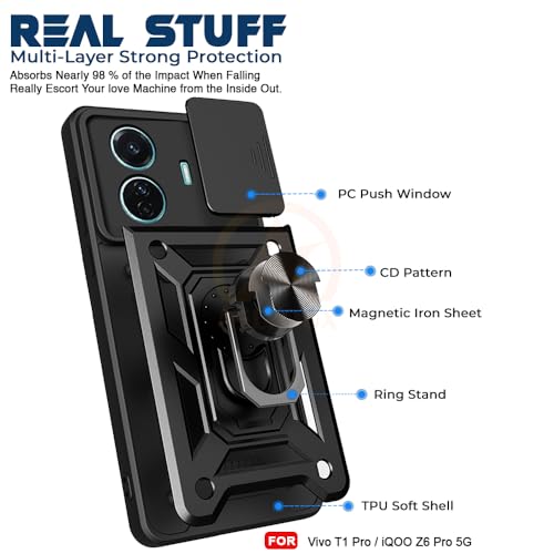 Image of Armor Bumper Back Cover Case for Vivo T1 Pro 5G / iQOO Z6 Pro 5G | Rotating Camera Cover, Ring Holder & Kickstand | Heavy Duty & 360 Degree Protection Back Cover (Black)