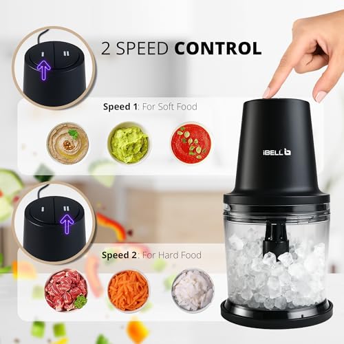 Image of iBELL Electric Chopper for Kitchen Use with 840ml Large Transparent Bowl, 2 Speed Control, Multipurpose Food Chopper for Chopping, Mincing, Dicing, Pureeing, Whisking & Ice Crushing (Black)