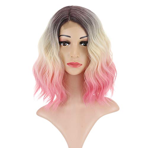 FAELBATY Short Bob Wig Loose Wave Shoulder Length Wig for Women Side Part Short Curly Lace Frontal Synthetic Wig(12" dark root blonde pink)