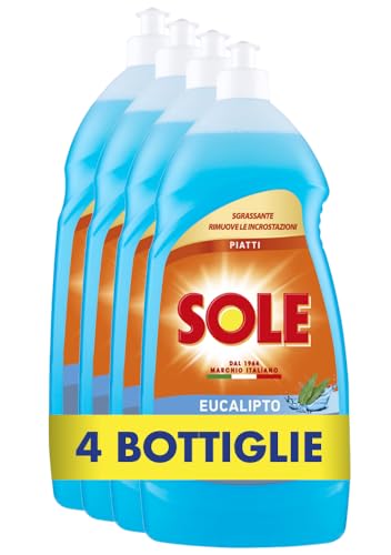 Sole Detersivo Piatti a Mano Eucalipto, Formula Sgrassante, Rimuove le Incrostazioni, 1Lx4