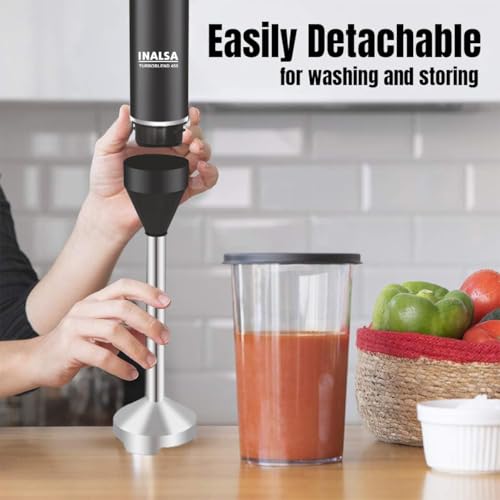 Image of INALSA TurboBlend 450 Hand Blender | 450W Powerful Motor | 2 Speed Control | Stainless Steel Detachable Stem & Blades | Silent Operation | BPA Free | Black /Silver | 1 Year Warranty
