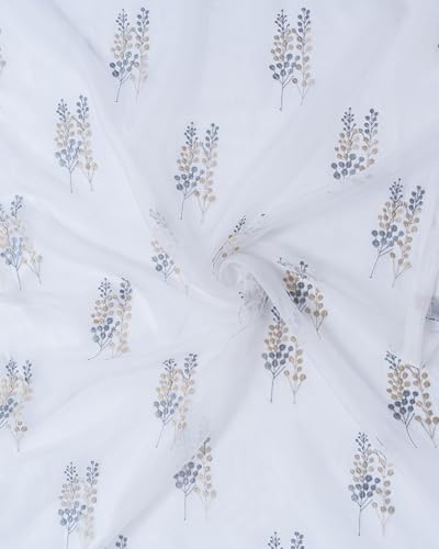 Image of (7 Ft Sheer Tissue with Embroidery Tree Design | Eyelet Window Long Curtain | Window Single Curtain (Golden & Grey) | for Home | (Pack of 1)