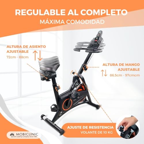 Miniatura 5 de Mobiclinic Fitness, Bicicleta De Spinning, Volante Inercia 10kg, Resistencia Regulable, Makalu, Regulable Al Completo, Pantalla Lcd, Marca Española, Pulsómetro, Portabotellas, Soporte Para Móvil