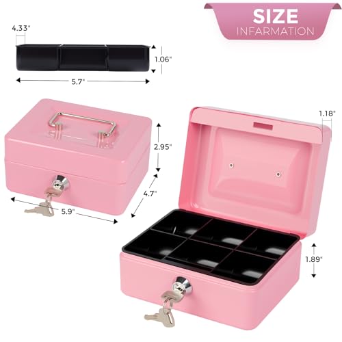 Image of Small Cash Box with Money Tray and Lock, Metal Cash Lock Box with Key, Petty Cash Box for Money 5.9 x 4.7 x 3.1 Inches Pink