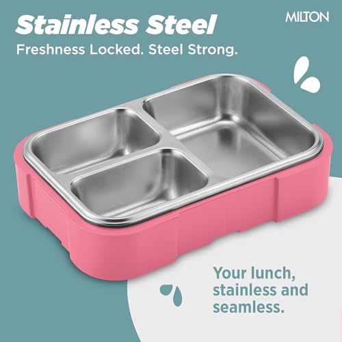 Image of MILTON Bravo 3 Inner Stainless Steel Tiffin Box for School, 3 Partition, Steam Release Plug| PU Insulated, Leak-Proof, Food Grade I Lunch Box for Kids Boys, Girls with Snap Lock Lid, 600 ml, Pink