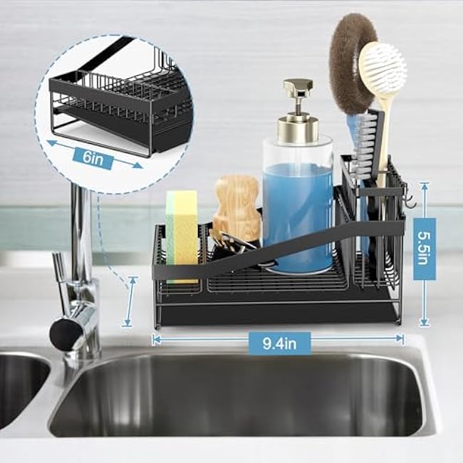 LBTING Sink Caddy for Kitchen, Carbon Steel Sponge Holder with 3 Partitions, Self-Draining Kitchen Countertop Organizer for Sink Strainer, Sponge, Brush, Soap Dish Dispenser ¨C Black