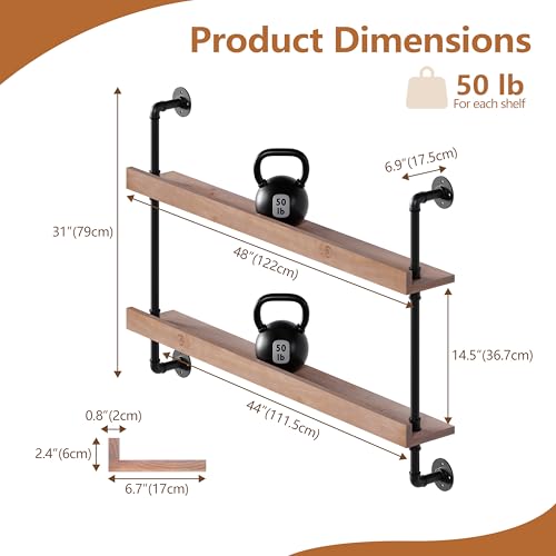 Image of Industrial Wine Rack Wall Mounted, Solid Wood Shelf with Metal Pipe Brackets, 2-Tier Rustic Hanging Organizer for Wine Bottle Storage in Kitchen, Bar, Pub, Cellar(Weathered Brown, 48 Inch)