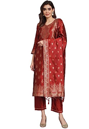Image of VredeVogel Women's Cotton Silk Jacquard Kurta Pant Set with Banarasi Silk Dupatta
